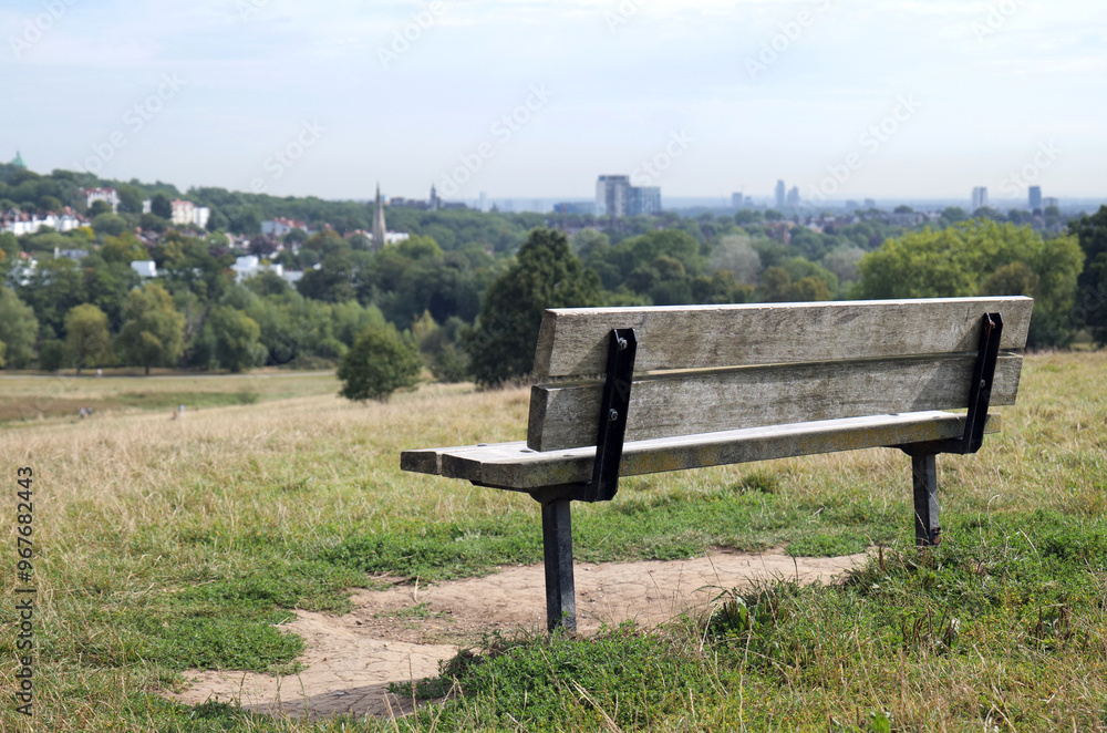 Lone park bench over looks Hampstead Heath in London in the summer, with trees and buildings on the skyline blurred out. Lone park bench over looks Hampstead Heath in London in the summer, with trees and buildings on the skyline blurred out.
