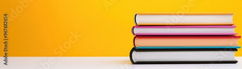 A vibrant stack of books on a white surface against a bright yellow background, perfect for educational and creative themes.