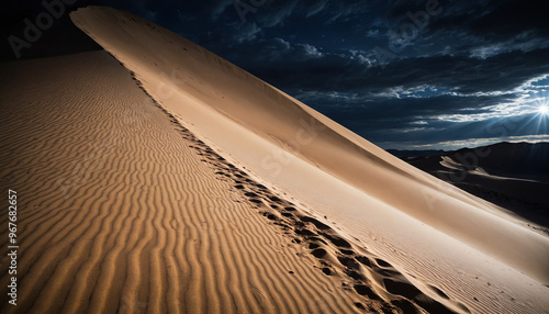 Sand Dunes Enigmas in Cloudy Summer: The Expeditioner's Quest Enveloped in Landslide photo