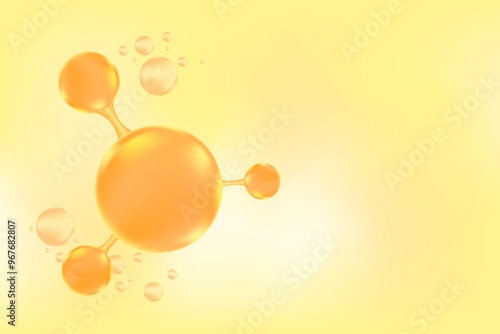 Beige, yellow glowing molecule futuristic background with motion liquid structure, fluid motion bubbles backdrop with copy space. Collagen, peptide or hyaluronic acid with gold oil serum formula.