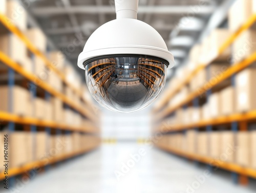 A close-up view of a security camera monitoring a storage warehouse filled with boxes, ensuring safety and surveillance. photo