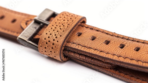 A close-up of a brown leather watch strap showcases its detailed craftsmanship, highlighting its texture and rich color. photo