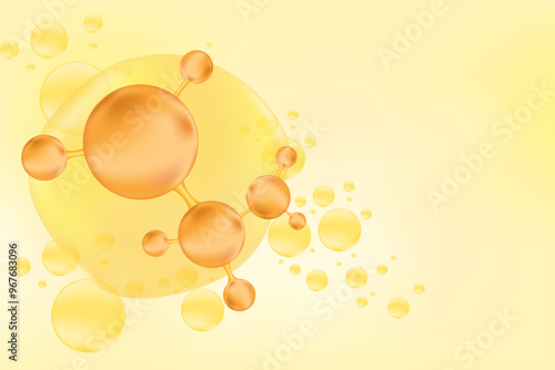 Brown, yellow glowing molecule, flowing particles motion background for beauty, nutrition backdrop with copy space. Collagen, peptide or hyaluronic acid structure with gold bubble serum formula.