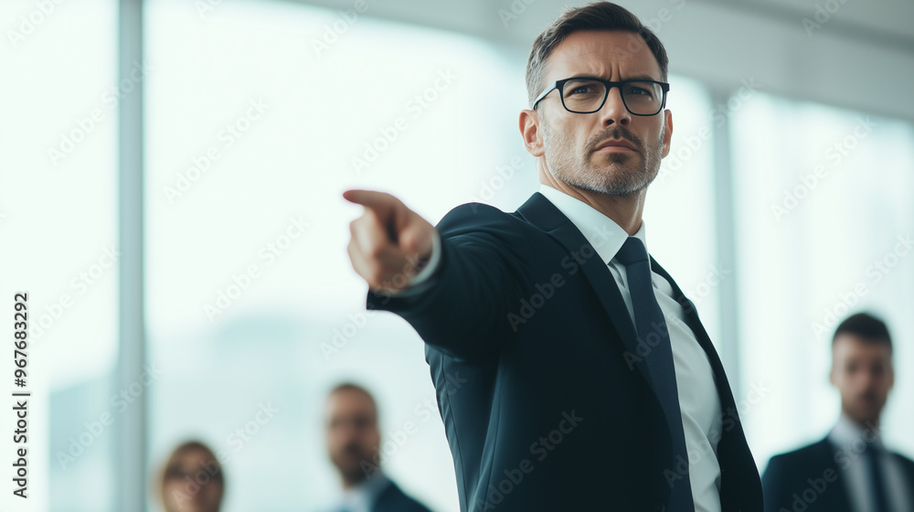 A full-body shot of a stern businessman in formal wear, pointing with authority while managing his team, symbolizing control and business success. photo A full-body shot of a stern businessman in formal wear, pointing with authority while managing his team, symbolizing control and business success. photo
