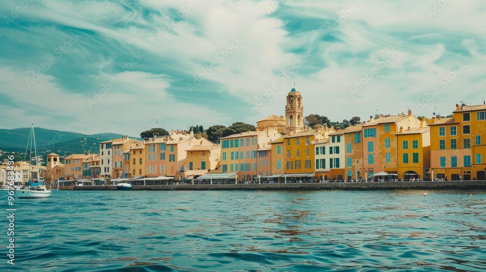 Obraz premium A charming coastal village with colorful buildings lining the waterfront, under a bright, cloudy sky, with clear blue water and a distant church tower.