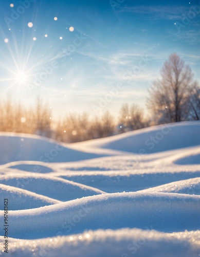 Wallpaper Mural Winter snow background with snowdrifts, with beautiful light and snow flakes on the blue sky, beautiful bokeh circles, banner format, copy space. Torontodigital.ca