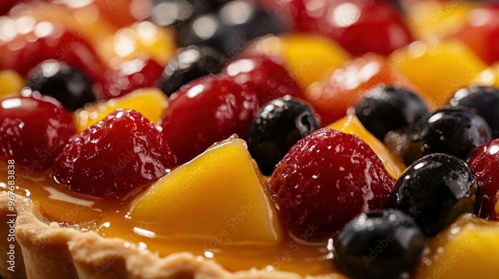 A close-up of a colorful fruit tart topped with various berries and mango pieces. A close-up of a colorful fruit tart topped with various berries and mango pieces.
