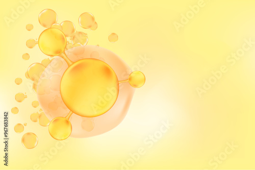 Gold, yellow glowing molecule, flowing particles motion background for beauty, nutrition backdrop with copy space. Collagen, peptide or hyaluronic acid structure with gold bubble serum formula.