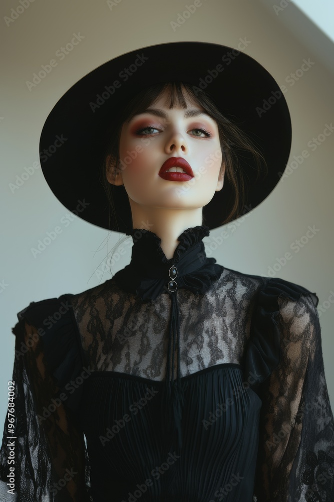 Goth Victorian style inspired female portrait with hat, fashion and make-up shoot. Gothic, Goth, Emo, New Wave, Dark style fashion. Dark smokey make-up, red lipstick. Dramatic. Elegant.	
