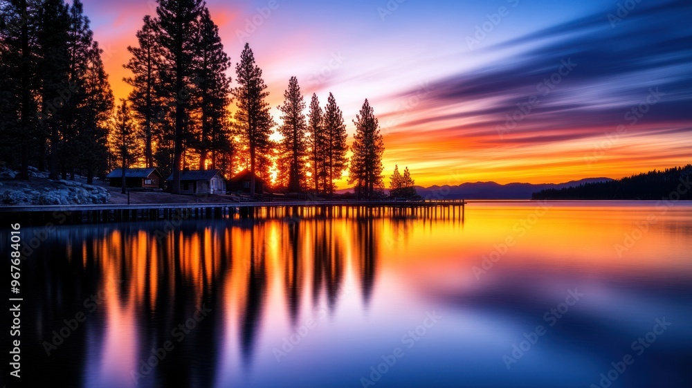 A serene twilight landscape featuring vibrant colors reflecting on calm water, framed by tall trees and a peaceful pier. A serene twilight landscape featuring vibrant colors reflecting on calm water, framed by tall trees and a peaceful pier.