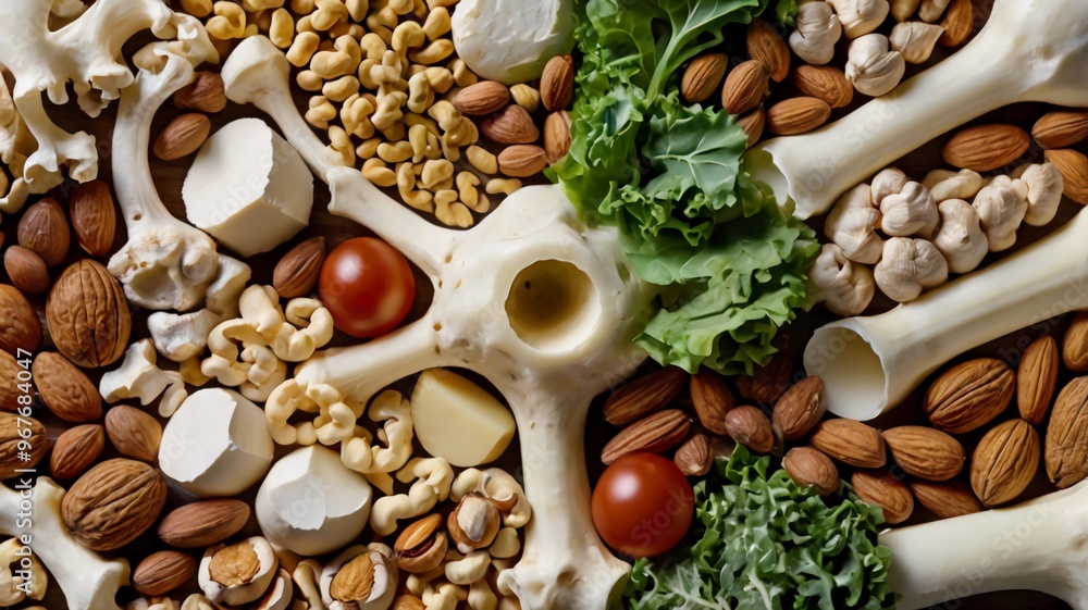 Bones Surrounded by Healthy Foods, bones or a joint surrounded by calcium-rich foods Bones Surrounded by Healthy Foods, bones or a joint surrounded by calcium-rich foods