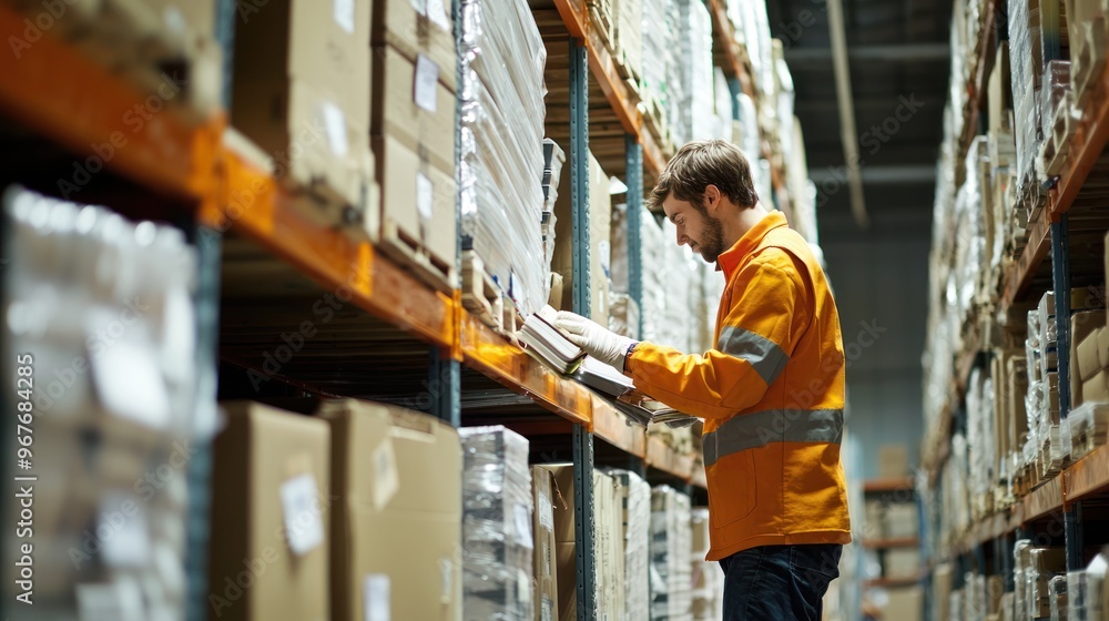 Fototapeta premium Warehouse worker sorting and allocating inventory items into labeled bins or sections