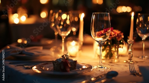 omantic dinner setup with dim lighting, elegant table settings, and soft background music, creating a romantic and intimate atmosphere photo