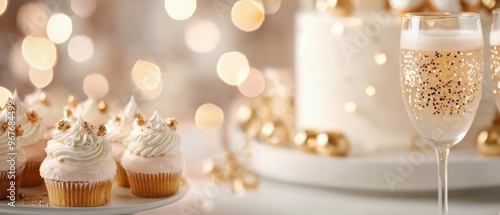 Elegant dessert display featuring cupcakes, a festive cake, and a sparkling beverage, perfect for celebrations and special occasions.