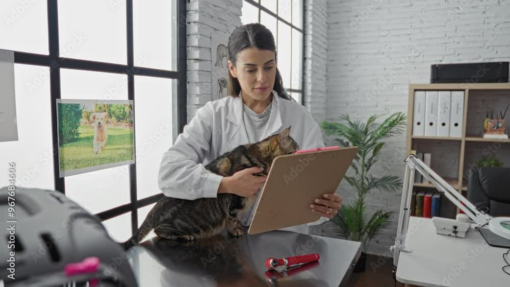 A young hispanic woman veterinarian examines a cat with a clipboard in a veterinary clinic room. A young hispanic woman veterinarian examines a cat with a clipboard in a veterinary clinic room.