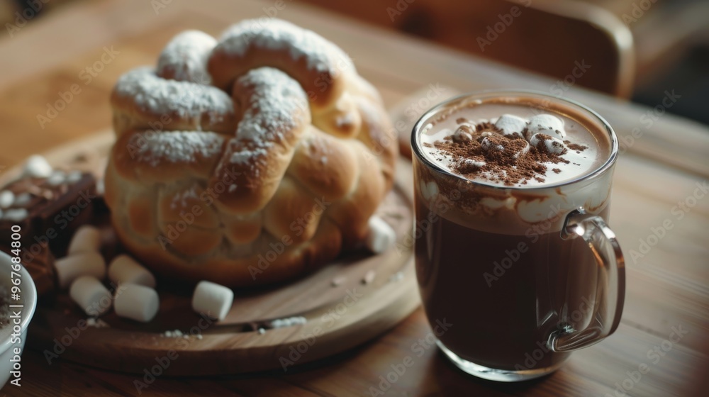 Freshly baked bread with powdered sugar on top and a mug of hot chocolate with marshmallows on the side on a wooden table. Freshly baked bread with powdered sugar on top and a mug of hot chocolate with marshmallows on the side on a wooden table.