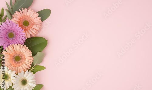 Colorful Gerbera Daisies Arranged With Greenery on a Soft Pink Background copyspace