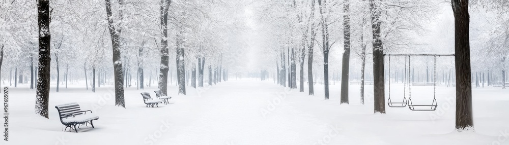 Obraz premium A serene winter scene featuring a snow-covered path lined with trees and benches, evoking tranquility and cold beauty.