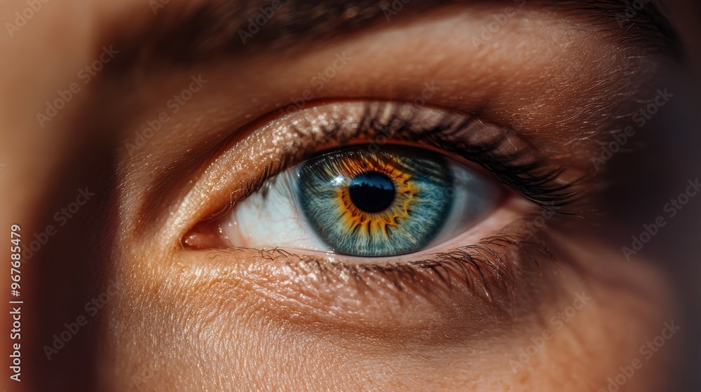 Close-up of a vibrant human eye showcasing intricate details and colors. Close-up of a vibrant human eye showcasing intricate details and colors.