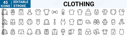 Clothes web line icons. Fashion icons. T-shirt, Pants, Jacket, Dress, Short, Shoe, Shirt symbols. vector illustrations. Editable Stroke