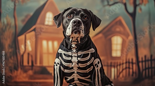 Large dog in a skeleton costume, sitting in front of a haunted house backdrop. photo