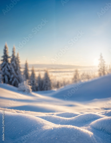 Wallpaper Mural Winter snow background with snowdrifts, with beautiful light and snow flakes on the blue sky, beautiful bokeh circles, banner format, copy space. Torontodigital.ca