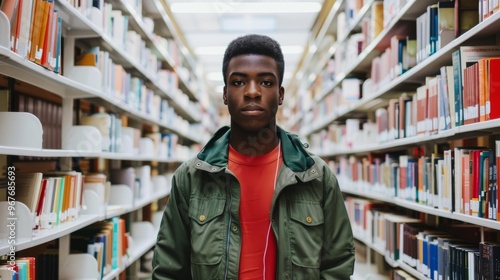 A young man in a green jacket stands confidently in the middle of a library aisle, signifying knowledge and determination.