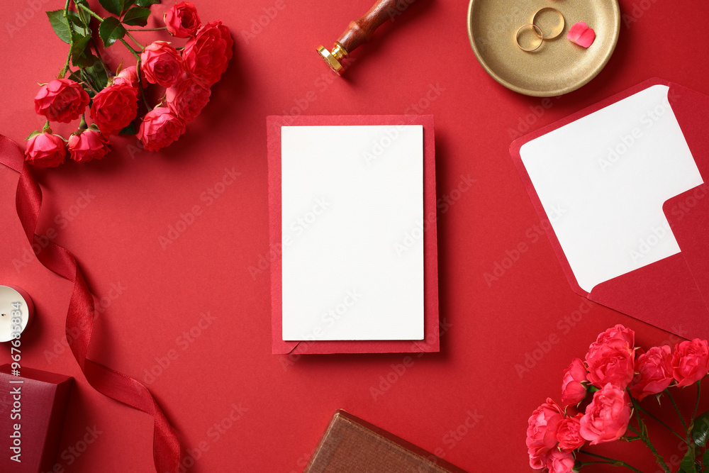 Blank paper card over red envelope with roses, golden rings, wax seal stamp on red background. Wedding stationery set, top view. Blank paper card over red envelope with roses, golden rings, wax seal stamp on red background. Wedding stationery set, top view.