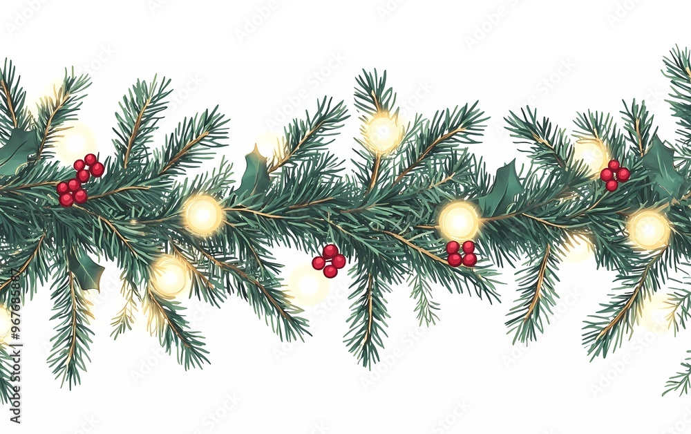 Border with green spruce branches, golden lights and red berries. Seamless banner of pine trees, evergreen plants. Vector Christmas tree garland decoration Border with green spruce branches, golden lights and red berries. Seamless banner of pine trees, evergreen plants. Vector Christmas tree garland decoration