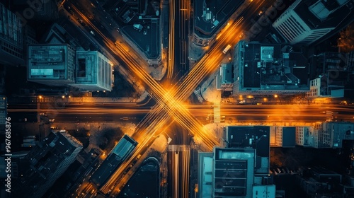 Aerial view of a city intersection illuminated at night, showcasing urban life and traffic.