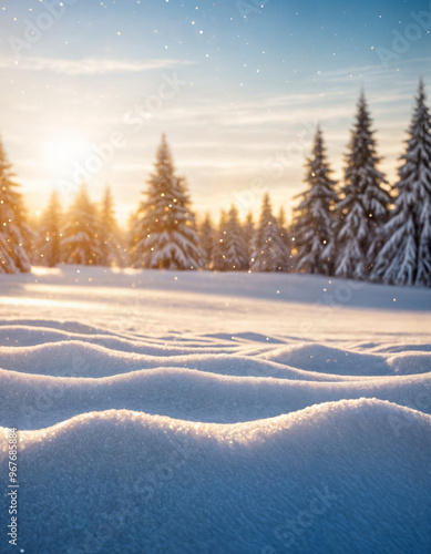 Wallpaper Mural Winter snow background with snowdrifts, with beautiful light and snow flakes on the blue sky, beautiful bokeh circles, banner format, copy space. Torontodigital.ca