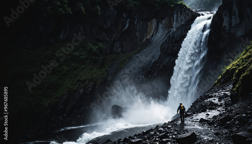 Waterfall Secrets in Cloudy Summer: The Expeditioner's Sojourn Overwhelmed in Landslide photo