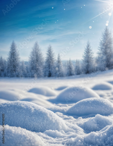 Winter snow background with snowdrifts, with beautiful light and snow flakes on the blue sky, beautiful bokeh circles, banner format, copy space.