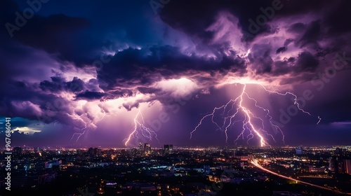 Dramatic Lightning Strike Over Cityscape at Night