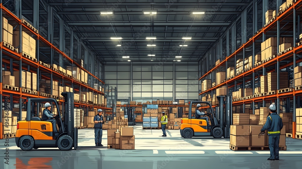 A busy warehouse scene with workers handling forklifts, organizing boxes, and managing inventory, in a dynamic cartoon vector style. A busy warehouse scene with workers handling forklifts, organizing boxes, and managing inventory, in a dynamic cartoon vector style.