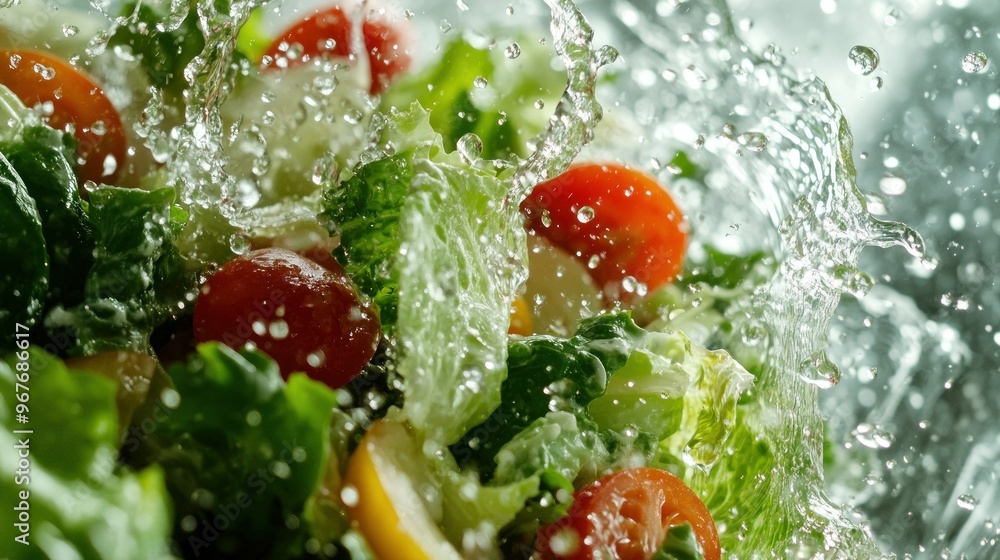 Fresh salad ingredients splashing in water, highlighting freshness and vitality. Fresh salad ingredients splashing in water, highlighting freshness and vitality.