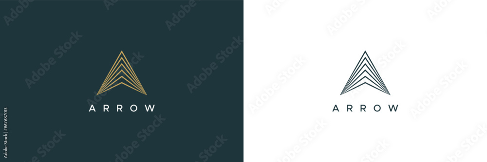 Simple Arrow Up Logo Image. Gold Geometric Arrow Shape Striped Lines Style Isolated On Dual Background. Flat Vector Logo Design Template Element Usable for Business and Branding Logos. Simple Arrow Up Logo Image. Gold Geometric Arrow Shape Striped Lines Style Isolated On Dual Background. Flat Vector Logo Design Template Element Usable for Business and Branding Logos.