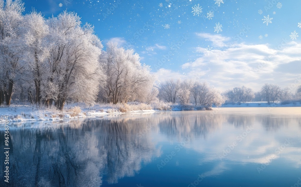 Snowy Winter Landscape with a Calm Lake Snowy Winter Landscape with a Calm Lake