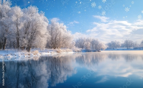 Snowy Winter Landscape with a Calm Lake