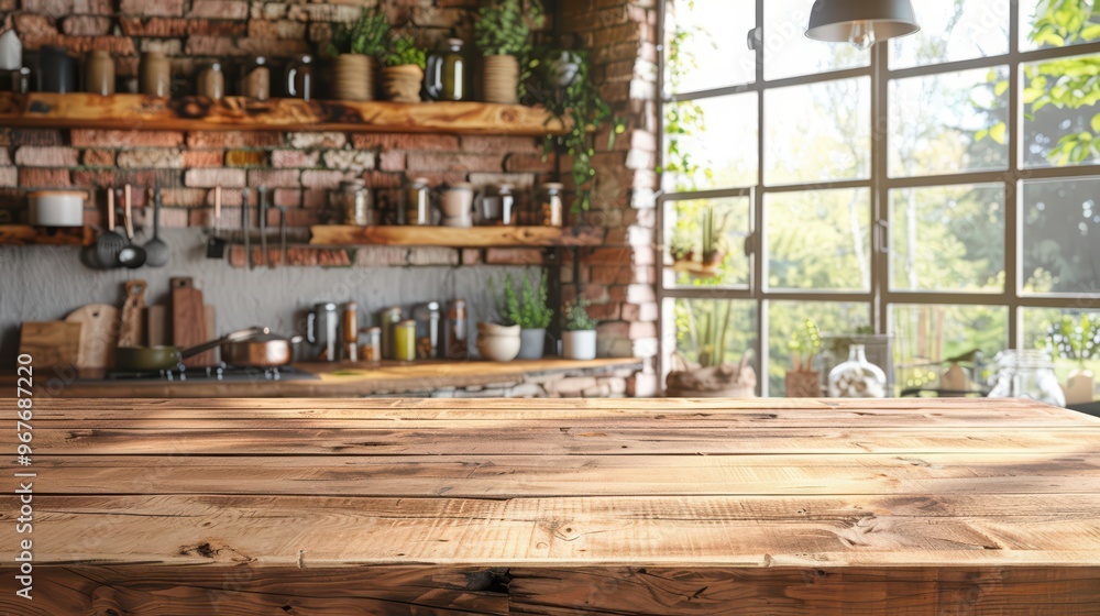 A beautifully designed kitchen with a rustic wooden table, filled with plants and kitchenware, inviting warmth and creativity. A beautifully designed kitchen with a rustic wooden table, filled with plants and kitchenware, inviting warmth and creativity.