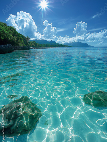 The crystal-clear waters of the Caribbean Sea, with white clouds and sunlight shining on them