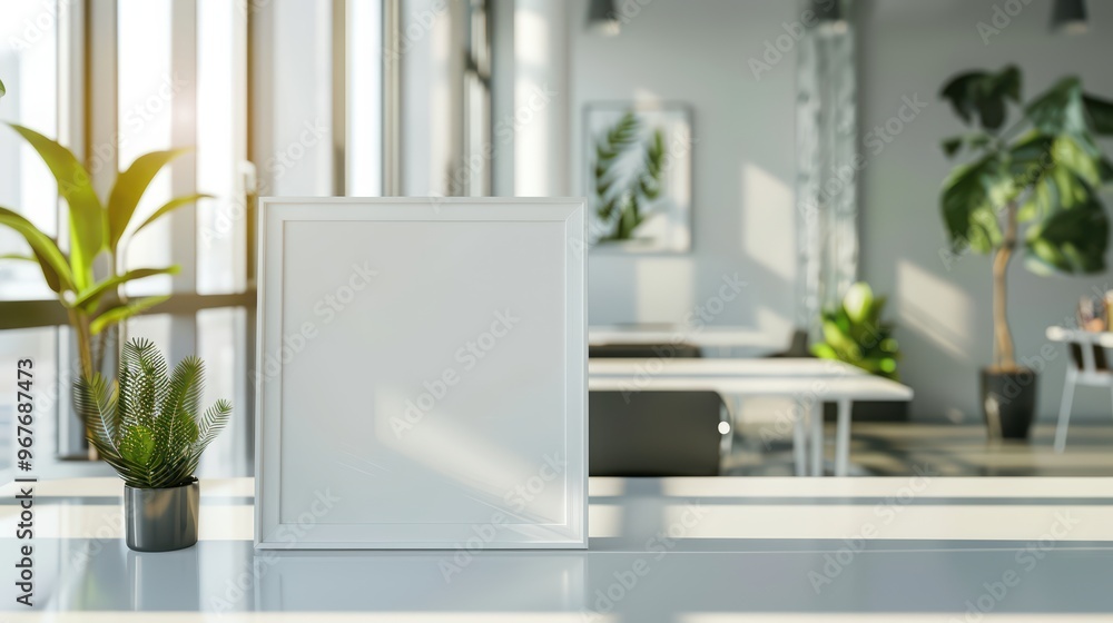 Fototapeta premium A bright modern office space featuring a blank canvas on a table, surrounded by plants and natural light for inspiration.
