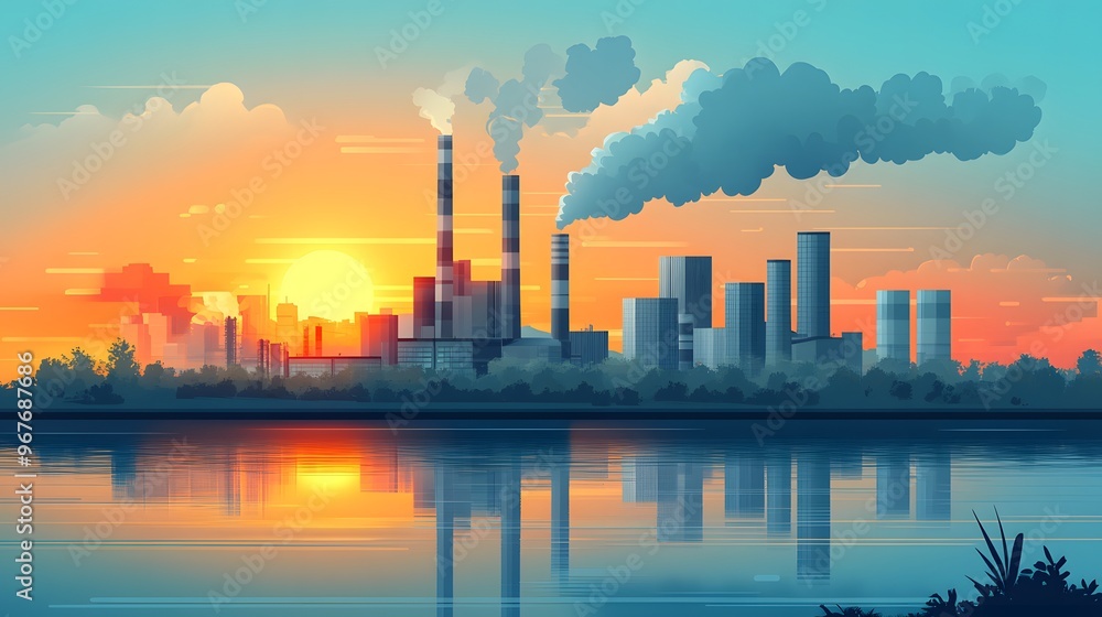 Flat industrial landscape with factories and smokestacks, in front of a modern city skyline, featuring clean lines and vibrant colors, illustrated in a minimalist vector style. Flat industrial landscape with factories and smokestacks, in front of a modern city skyline, featuring clean lines and vibrant colors, illustrated in a minimalist vector style.