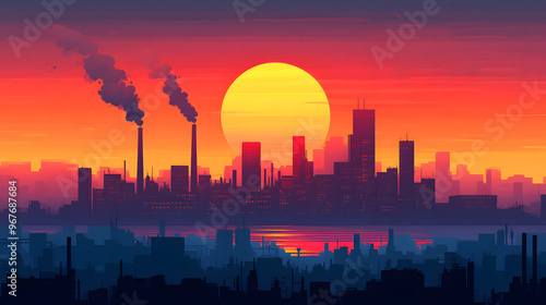 Flat industrial landscape with factories and smokestacks, in front of a modern city skyline, featuring clean lines and vibrant colors, illustrated in a minimalist vector style.