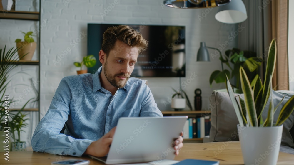 A man intently working on a tablet in a modern, cozy living room filled with plants and soft lighting. A man intently working on a tablet in a modern, cozy living room filled with plants and soft lighting.