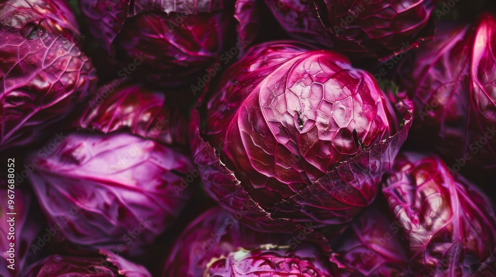 Obraz premium A pile of deep purple cabbages, highlighting their rich color and unique, textured leaves.