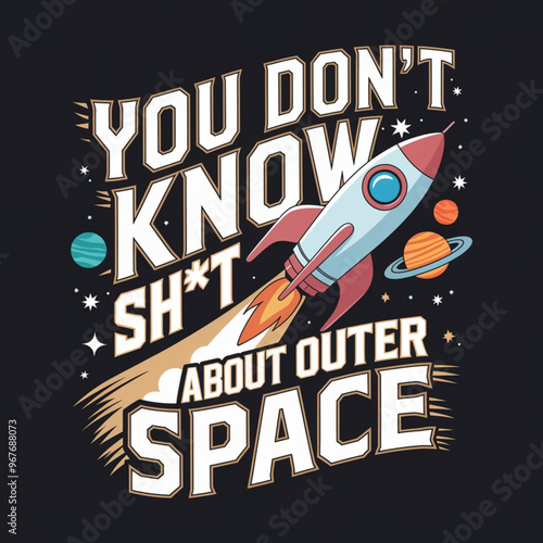 Bold space-themed illustration with vibrant typography and rocket graphic