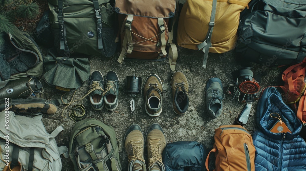 Outdoor gear and backpacks neatly arranged on the ground, showcasing a variety of items for a hiking adventure. Outdoor gear and backpacks neatly arranged on the ground, showcasing a variety of items for a hiking adventure.