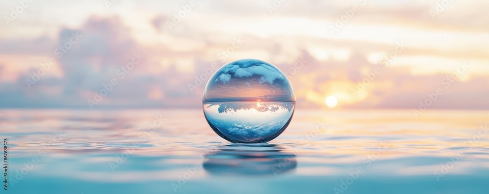 A serene water droplet reflecting a colorful sky at sunset, creating a peaceful and captivating nature scene. A serene water droplet reflecting a colorful sky at sunset, creating a peaceful and captivating nature scene.