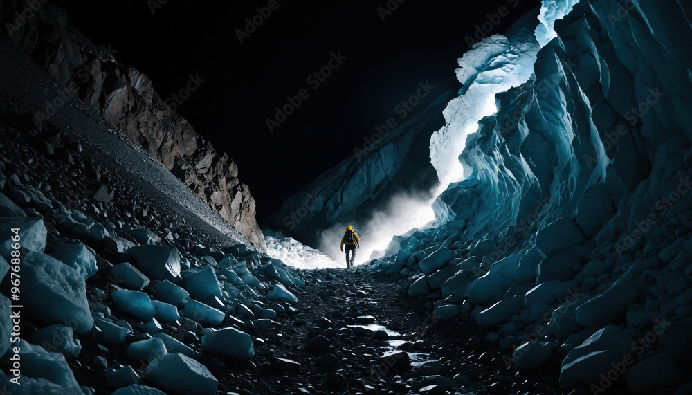 Glacier Roams in Cloudy Summer: The Scout's Journey Enveloped in Landslide